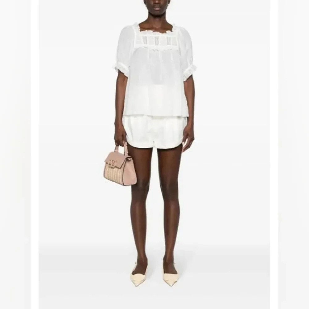 Doen Women's White Lace-Detailed Puff-Sleeve Blouse Large - Retail $503.00